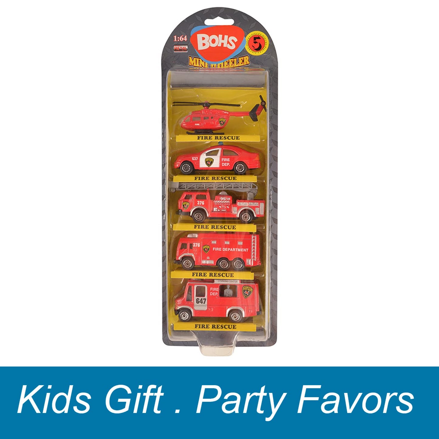 BOHS Fire Department Rescue Vehicles 5-Piece Die-Cast Set: Mini Metal Ladder Truck, Rescue Helicopter, Fire Engine, Patrol Car & Command Center
