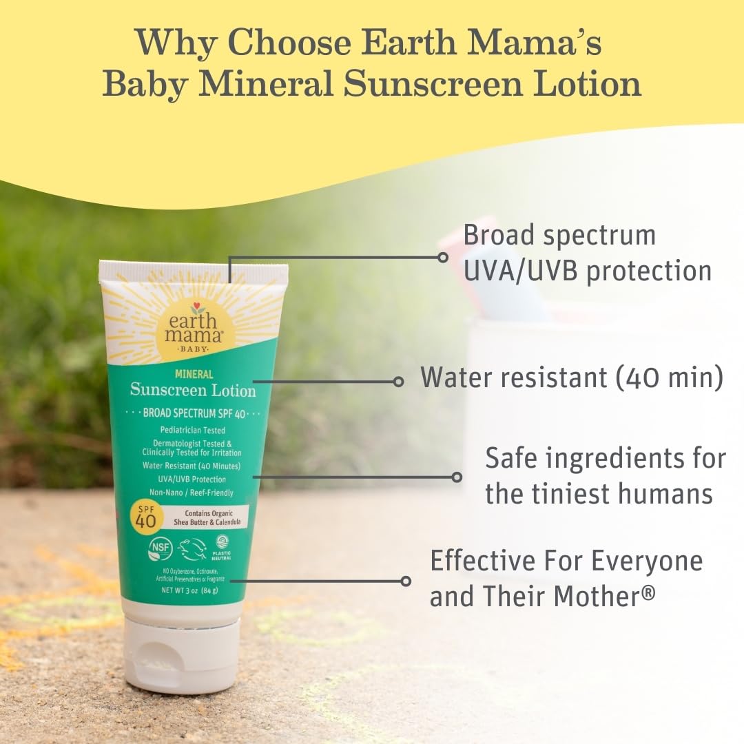Earth Mama Baby Mineral Sunscreen Lotion SPF 40 | Non-Nano Zinc, Natural Water Resistant Sun Cream for Babies, Kids & Adults, 3-Ounce (2-Pack)