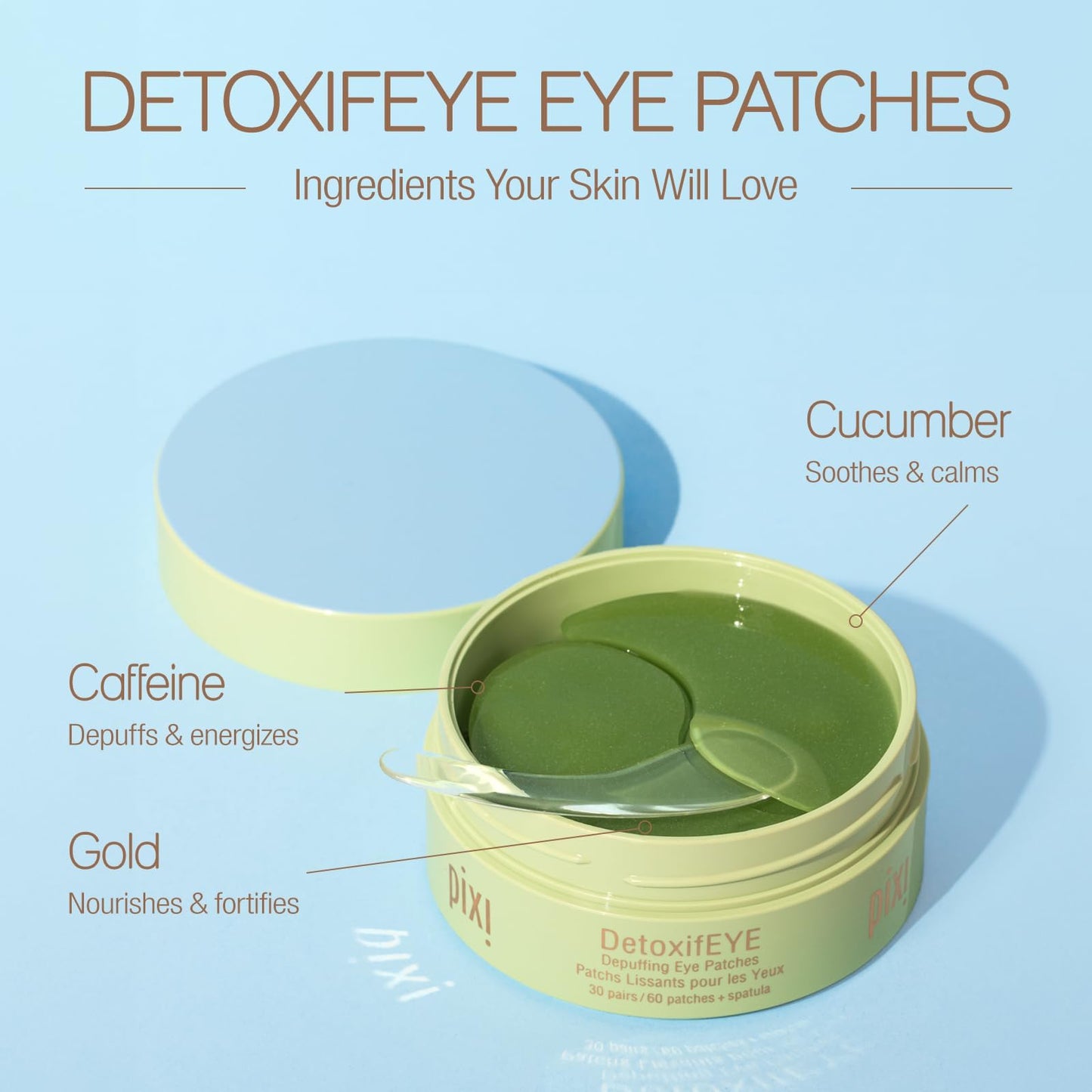 Pixi DetoxifEYE Hydrogel Under-Eye Patches, Cucumber, Hyaluronic Acid & Caffeine, Depuff & Brighten Eyes, 30 Pairs (60 Patches)