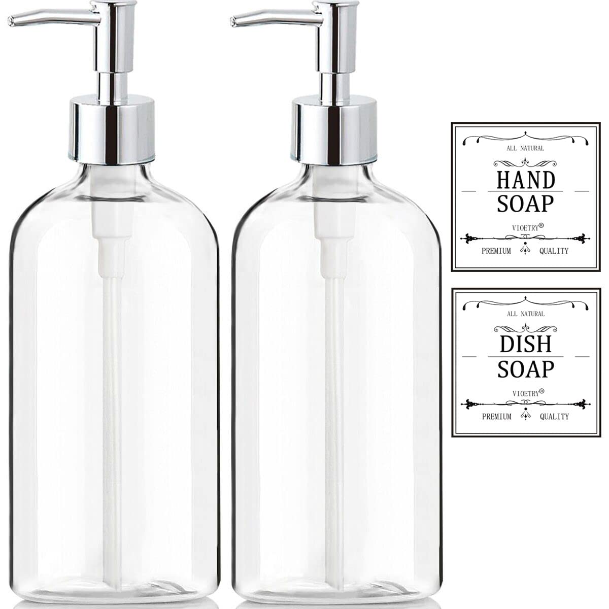 Clear Soap Dispenser with Rust Proof Pump, Waterproof Labels (2 Pack,16 Oz), Plastic Hand Soap Dish Soap Dispenser for Kitchen Bathroom