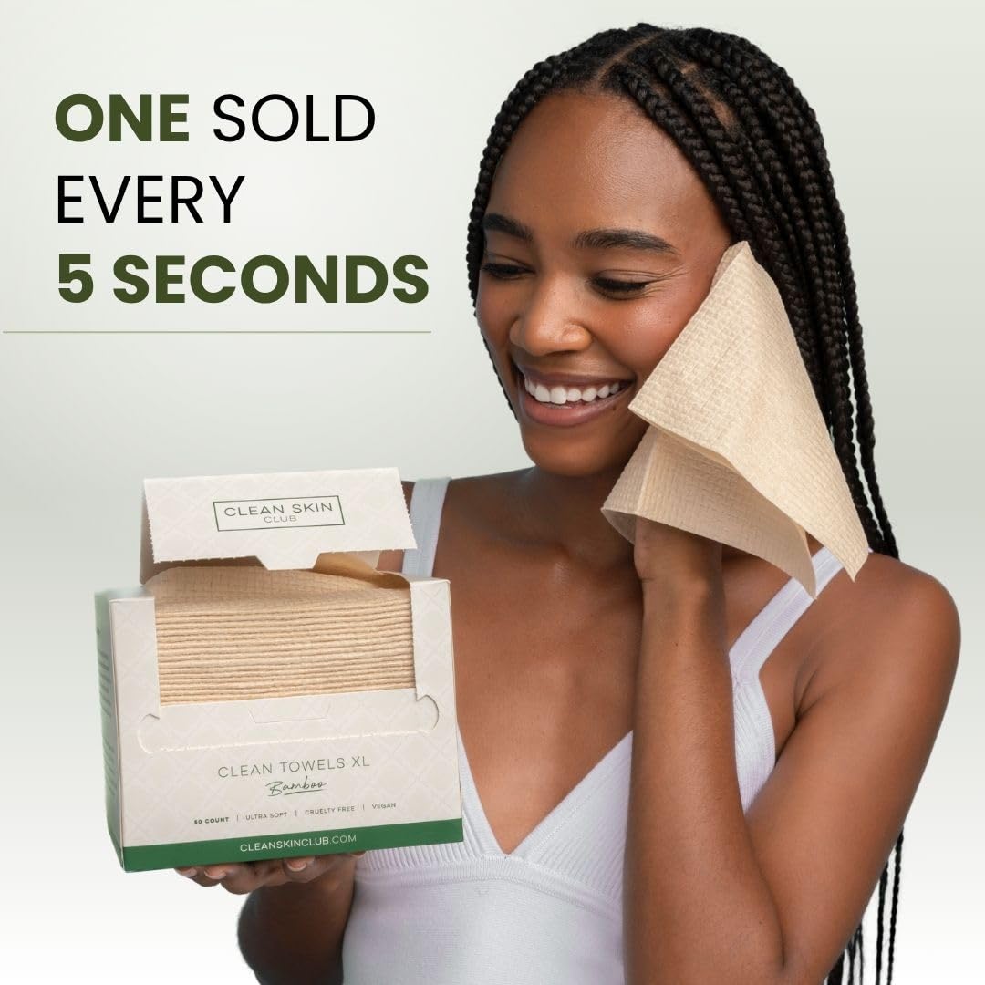 Clean Skin Club Bamboo Viscose Clean Towels XL – 100% USDA Biobased Disposable Face Towels, Ultra Soft Makeup Remover Dry Wipes, 50 Count