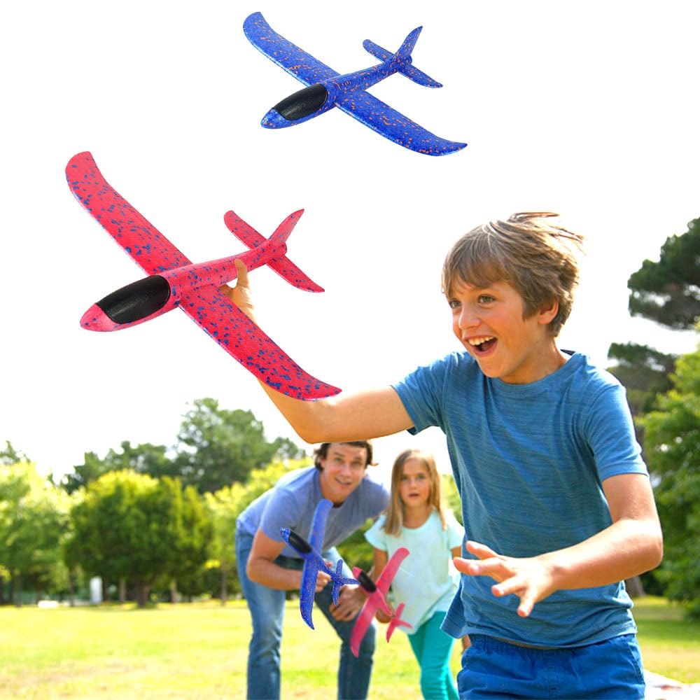 Foam Glider Airplane Toy 13.5" Hand-Throw Plane, Outdoor Flying Toy, 3 Modes, 2-Pack Red & Blue – Birthday Gifts for Kids