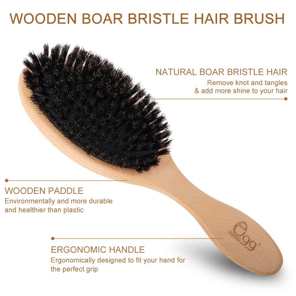 BLACK EGG Boar Bristle Hair Brush Set – Soft Natural Bristles for Thin & Fine Hair, Restores Shine & Texture, Includes Bamboo Comb & 3 Hair Ties