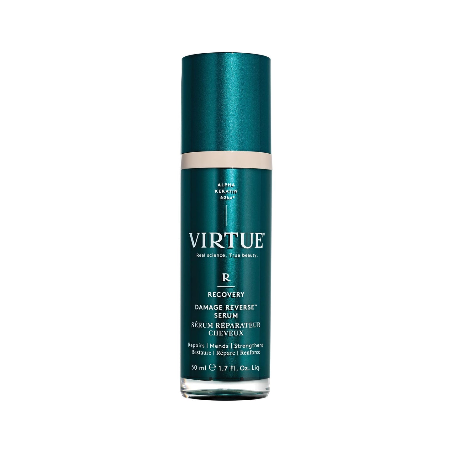 Virtue hair serum bottle on a white background
