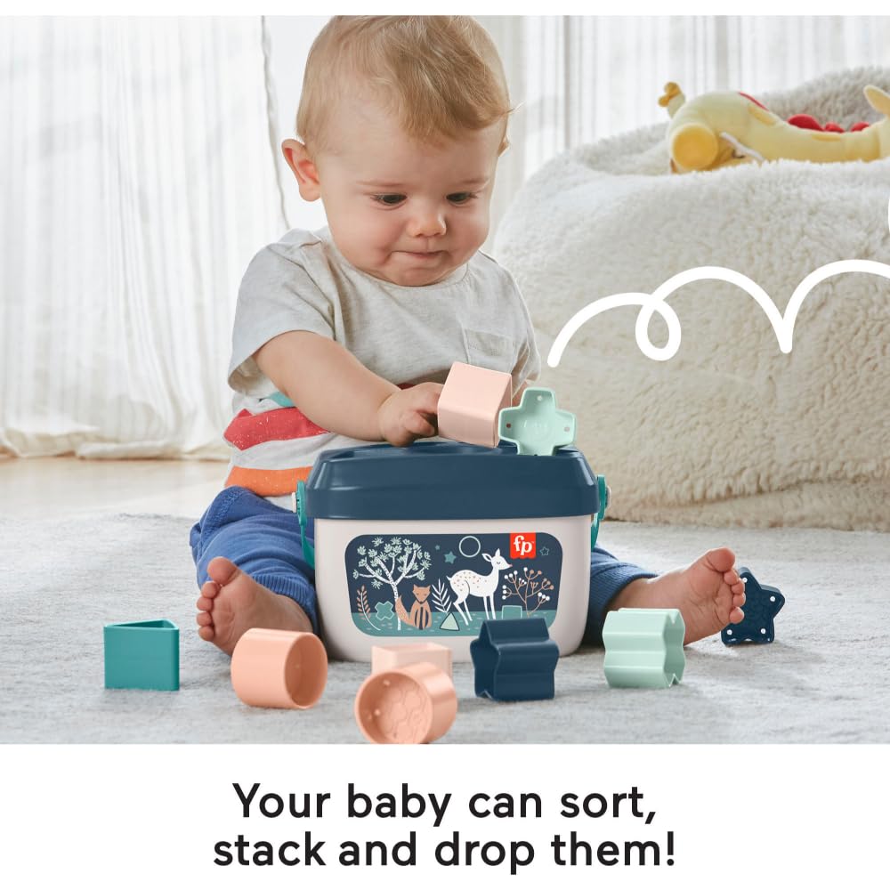 Fisher-Price Stacking Toy Baby’s First Blocks Set of 10 Shapes for Sorting Play for Infants Ages 6+ Months, Navy Fawn (Amazon Exclusive)