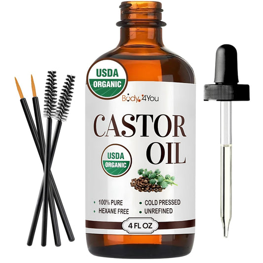 BodyJ4You Organic Castor Oil 4oz – 100% Pure Cold Pressed USDA Organic, Hexane-Free, Non-GMO – Lash & Brow Kit with Mascara Tube, Brush & Wand