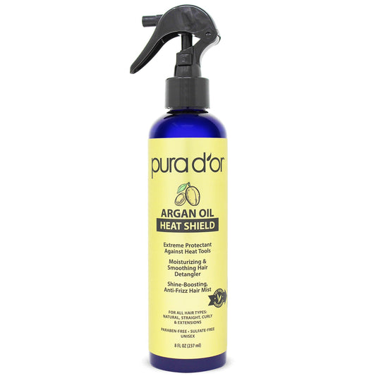 PURA D'OR Argan Oil Heat Protectant Spray 8 Oz – Shields Hair Up to 450°F, Defines & Adds Shine, Leave-In for Dry & Damaged Hair, Organic Ingredients