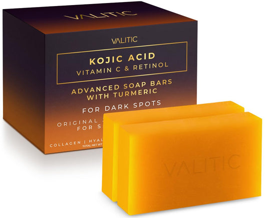 VALITIC Kojic Acid Soap with Vitamin C, Retinol & Turmeric for Dark Spots – Japanese Complex with Collagen, Hyaluronic Acid & Vitamin E, 2 Pack