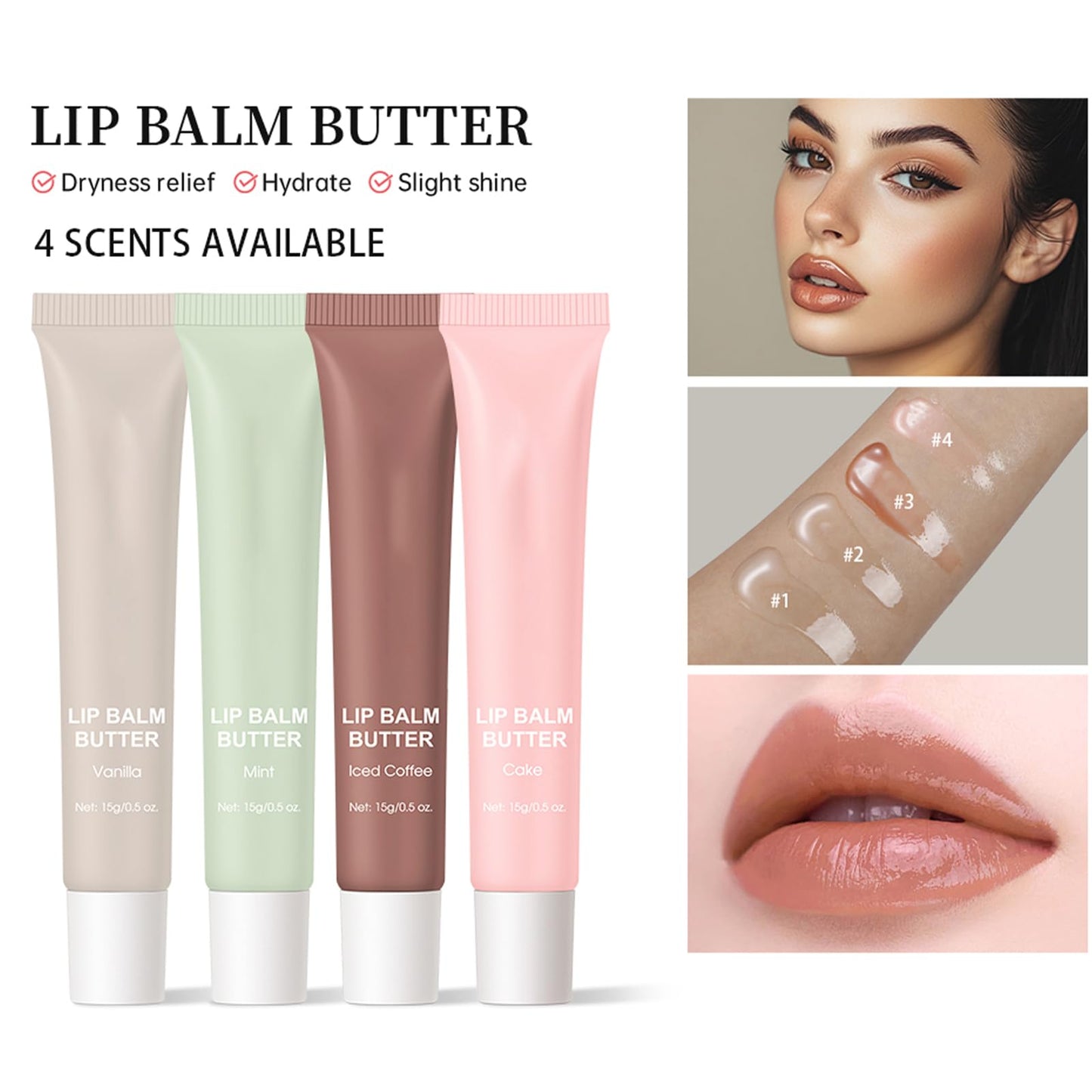 HJXUQIME 4 PCS Lip Glossy Butter Balm Set, Shine & Hydration - Sheer-Tinted-Long-lasting Non-Sticky Lip Balm,Soften Dry Lips and Lip Care
