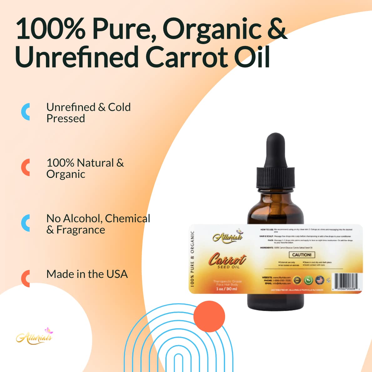 Allurials Carrot Seed Oil – 100% Pure Organic, Cold-Pressed, Unrefined, Natural Carrot Moisturizer for Skin, Face & Hair Growth, 1 oz
