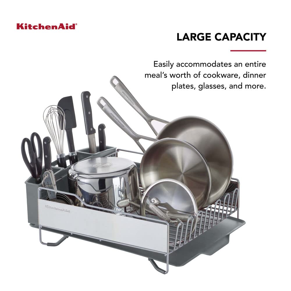 KitchenAid Large Capacity Dish Rack – Rust-Resistant, Full-Size with Angled Drain Board & Removable Flatware Caddy, Light Grey