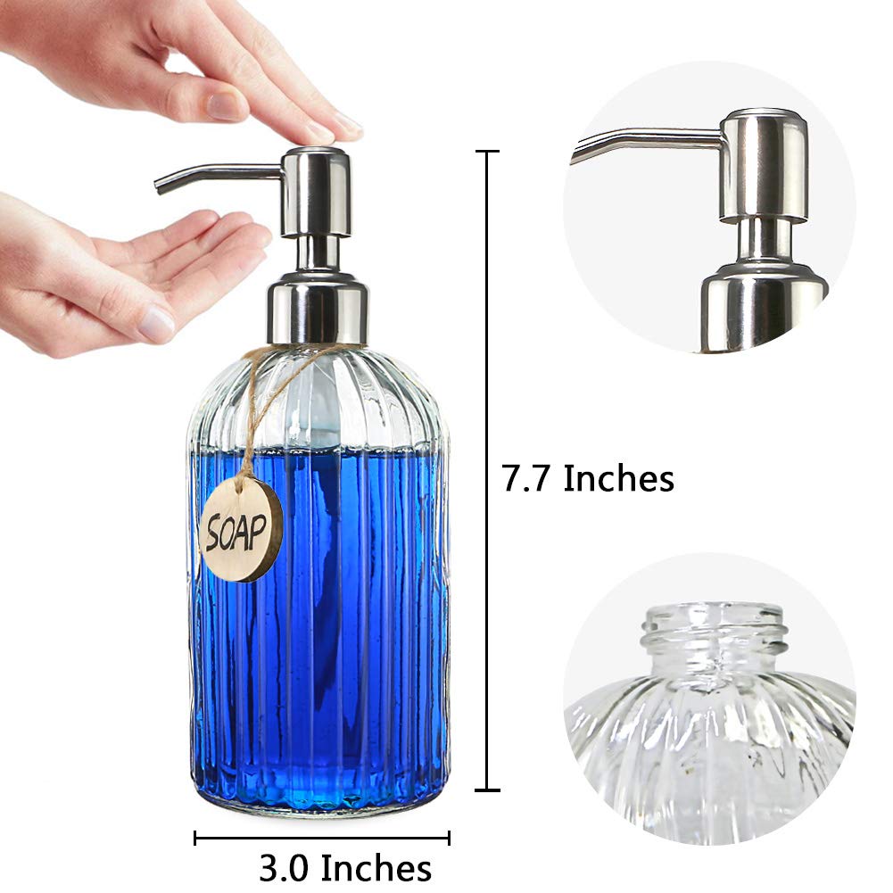 JASAI 18oz Clear Glass Soap Dispenser with Rust-Proof Stainless Steel Pump for Bathroom or Kitchen – Refillable Hand Soap Bottle