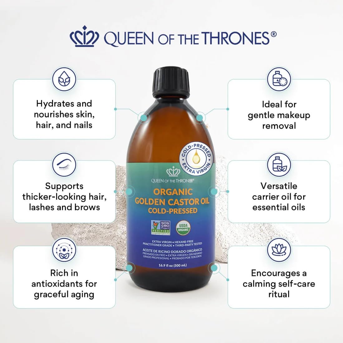 QUEEN OF THE THRONES Organic Golden Castor Oil | 100% Pure for Hair, Skin, Nails, Brows & Lashes | Hexane-Free | USDA Certified [16.9oz (500ml)]