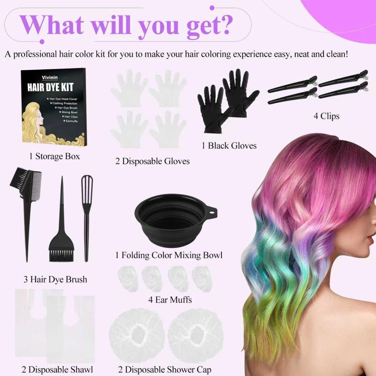 19PCS Hair Dye Kit, Hair Coloring Products with Hair Dye Brush, Collapsible Bowl, Clips, Ear Muffs, Disposable Gloves, Scarf, Shower Cap