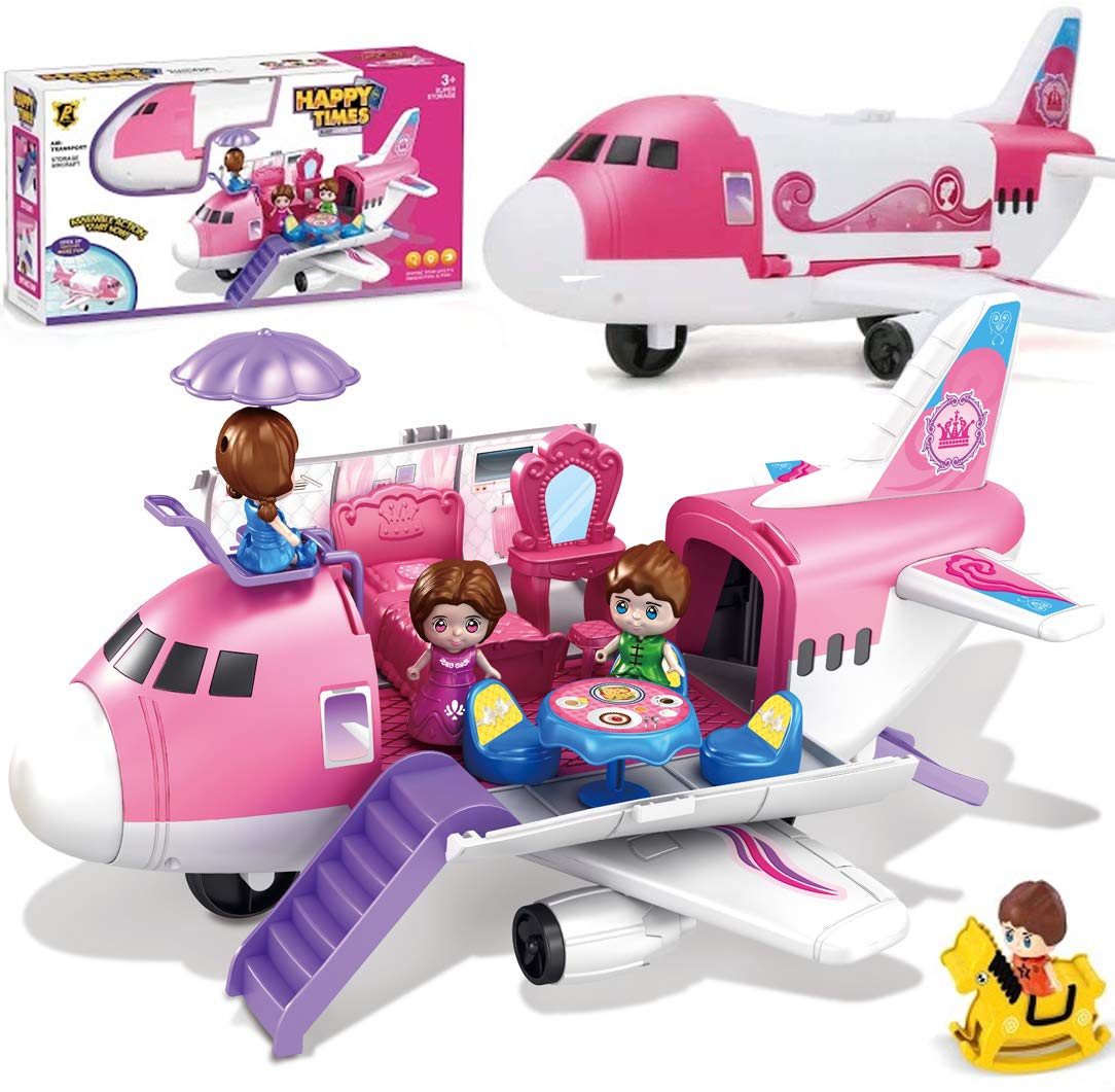 Pink Airplane Toy Private Jet Transport Cargo Vehicle - Big Large Aircraft Plane with Figures and Beauty Accessories Pretend Playset for Toddler Girls