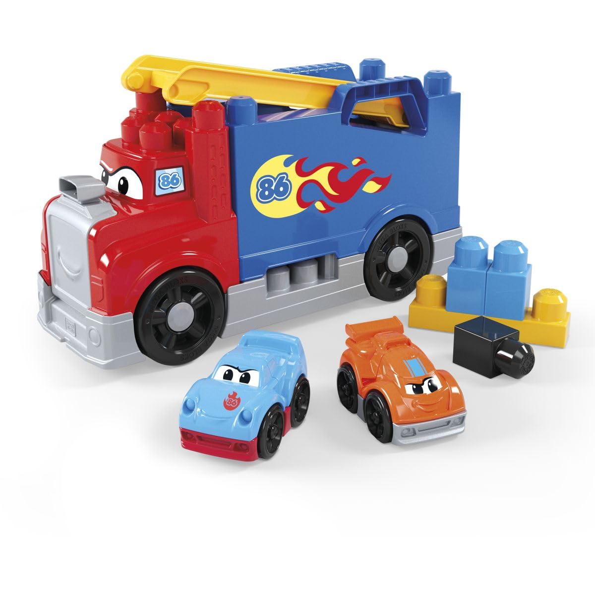 MEGA BLOKS First Builders Toddler Building Blocks Toy Set, Build & Race Rig with 19 Pieces, 2 Race Cars and Storage, Red, Ages 1+ Years