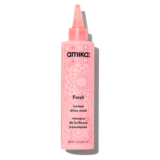 Pink bottle of amika flash instant shine mask on a white background