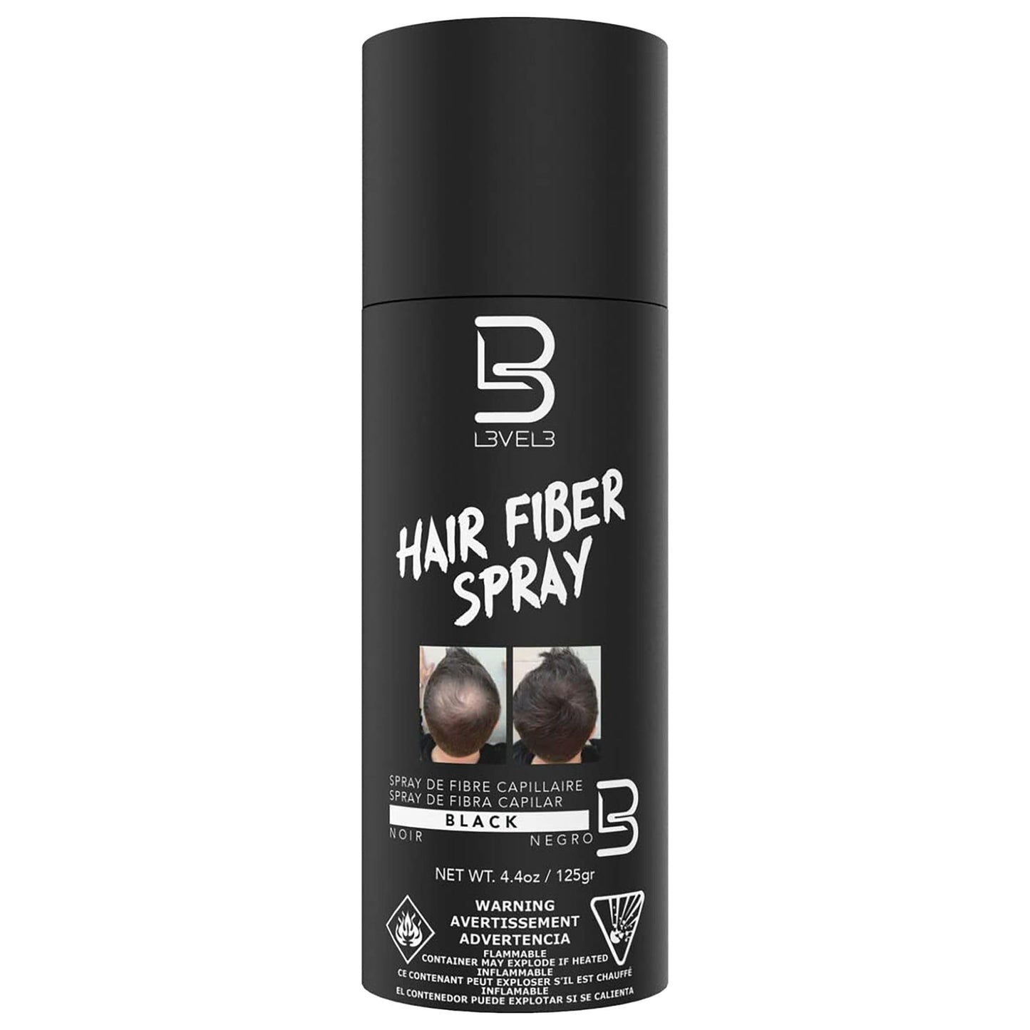 L3 Level 3 Black Hair Fiber Spray - Covers Bald Spots & Thinning Hair - Instant Gray Coverage & Thicker Hair Appearance