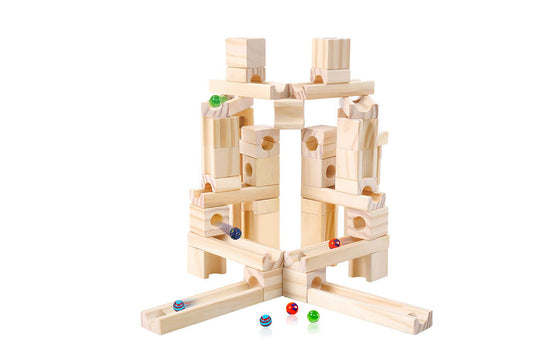 Wooden Marble Run STEM Toy for Kids 4-8 – 60+ Expandable Building Blocks with Glass Marbles & Guide – Safe Birchwood Construction, ASTM Certified