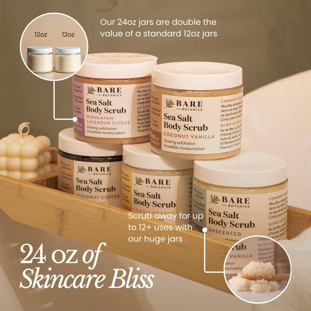 Bare Botanics Coconut Vanilla Body Scrub 24oz – All Natural Sea Salt Exfoliator, Vegan, Cruelty-Free, Moisturizing, Gift-Ready w/ Wooden Spoon
