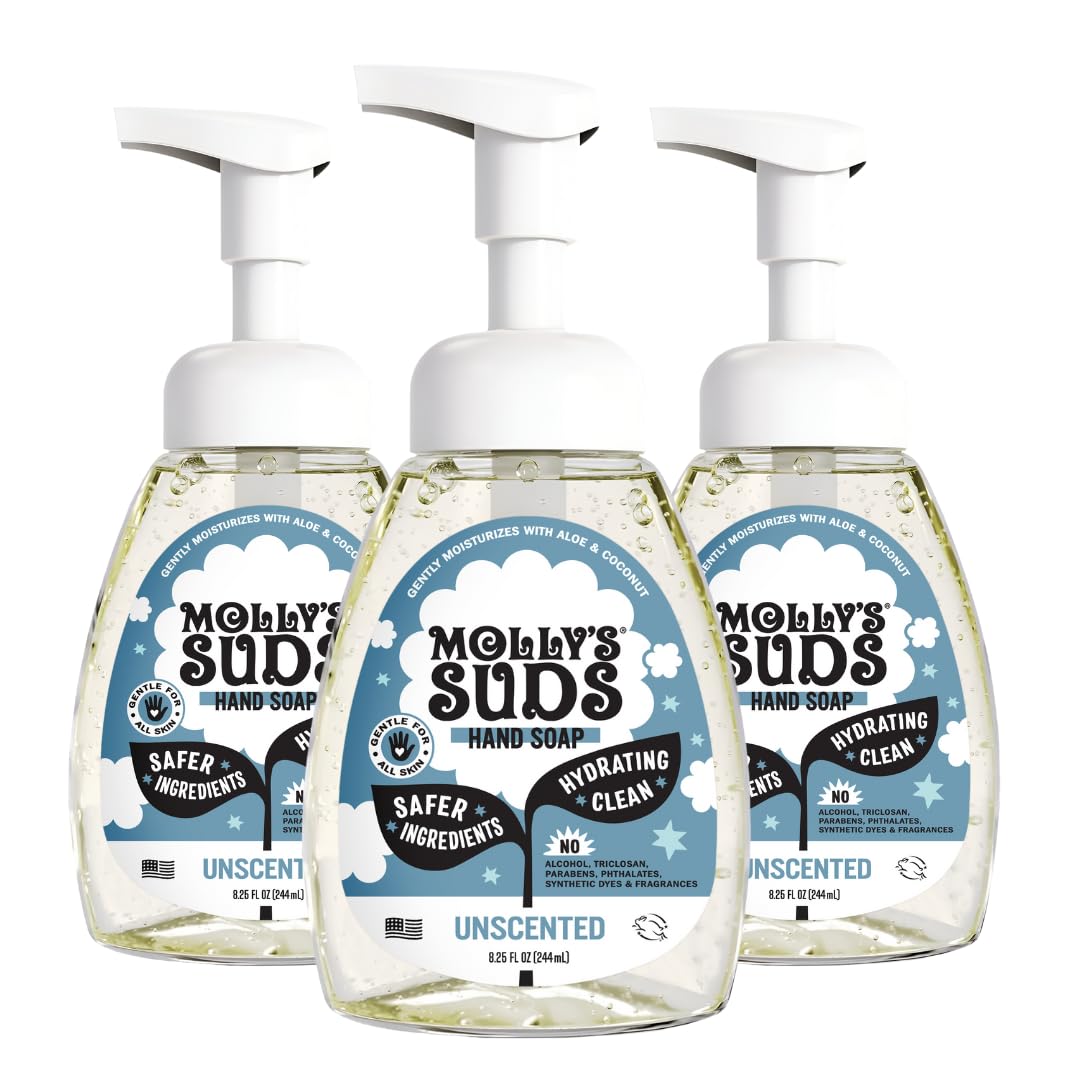 Molly's Suds Foaming Hand Soap, Aloe & Coconut Oil, Moisturizing, Essential Oils, Unscented, Clean Ingredients, 8.25oz Pack of 3