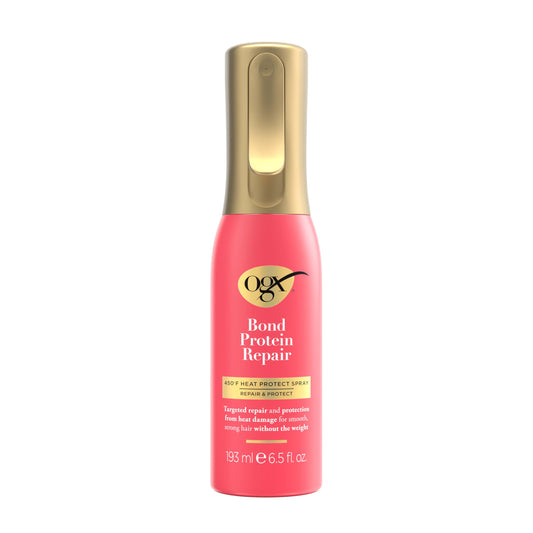 OGX Repair & Protect Bonding Heat Protect Spray 450°F – Weightless Mist for All Hair Types, Strengthens & Shields from Styling Damage, 6.5 fl oz