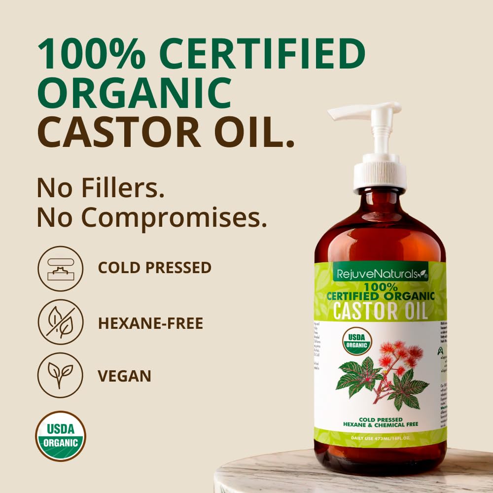 RejuveNaturals Organic Castor Oil 16oz – 100% Pure, Cold Pressed & Hexane-Free – USDA Certified for Hair Growth, Thicker Lashes & Brows