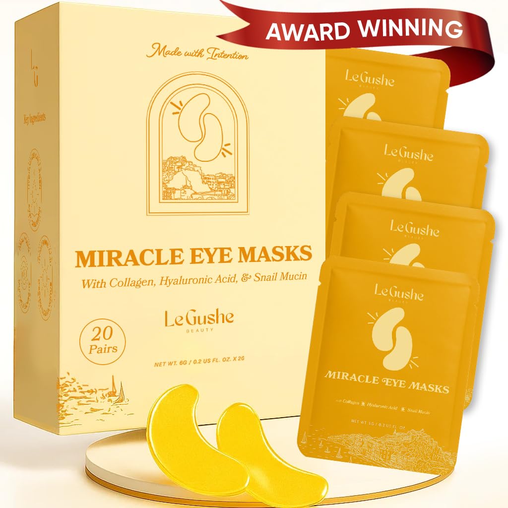 LE GUSHE Gold Under Eye Patches 20 Pairs – Hydrating Collagen & Snail Mucin Masks for Dark Circles, Puffy Eyes, Women & Men