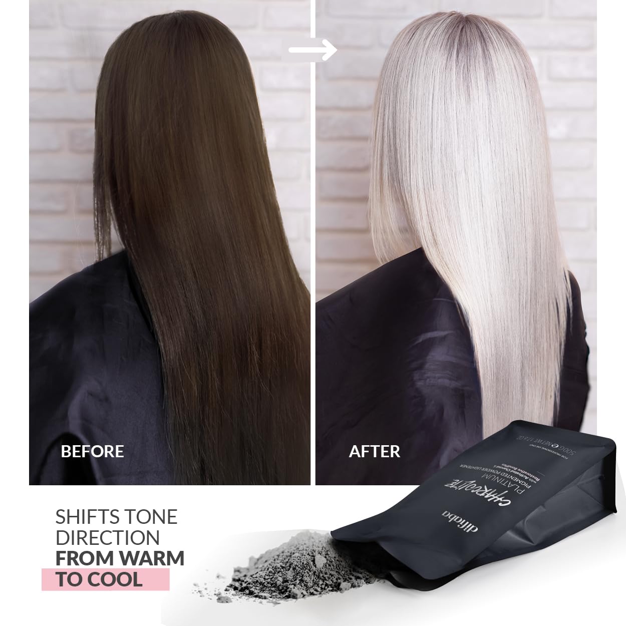 DIFIABA Charcolite Charcoal Bleach Powder - Cool Toning Hair Lightener with Activated Charcoal & BondPlex - Lifts Up to 10 Levels, 500g