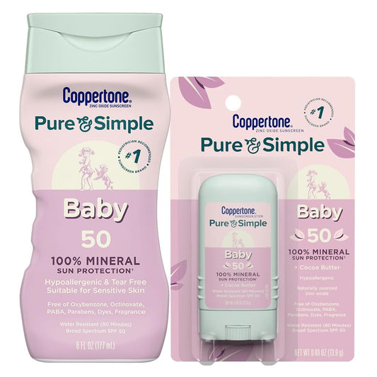 Coppertone Pure and Simple Baby Mineral Sunscreen Lotion SPF 50 (6 Fl Oz) + Baby Sunscreen Stick SPF 50 (0.49 Oz), Hypoallergenic and Fragrance Free