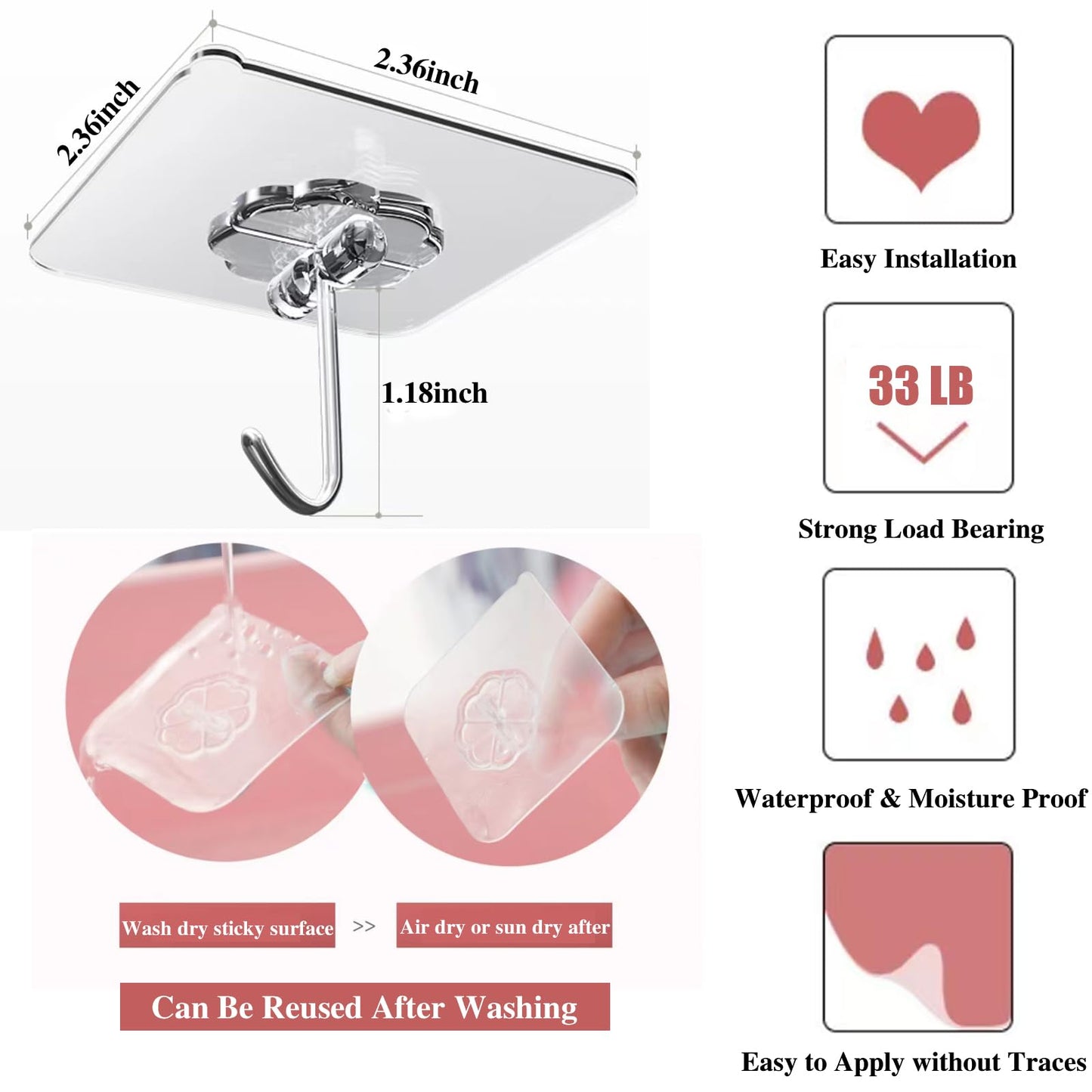 DDMY 24-Pack Transparent Adhesive Wall Hooks, 33lb Max, Reusable Waterproof Hooks for Kitchen, Bathroom, Curtains & Towels