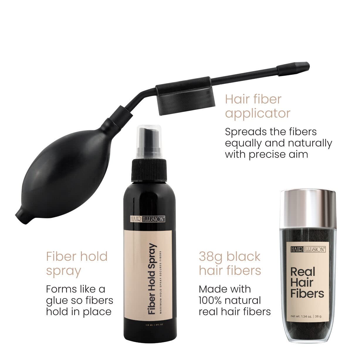 Hair Illusion Combo Kit - Hold Spray, 38g Hair Fiber Bottle, Applicator & Hairline Optimizer (Black)