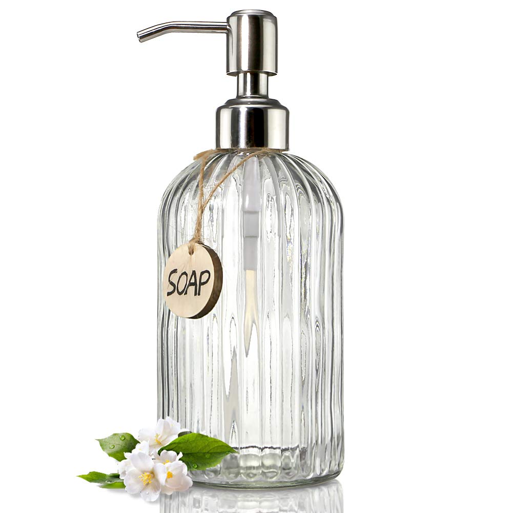 JASAI 18oz Clear Glass Soap Dispenser with Rust-Proof Stainless Steel Pump for Bathroom or Kitchen – Refillable Hand Soap Bottle