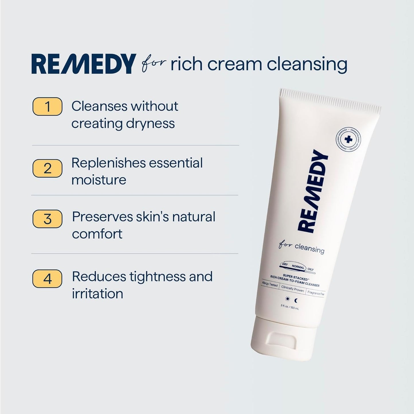 Remedy for Rich Cream Cleansing Face Wash - Cream-to-Foam Cleanser for Dry to Normal Skin, Hydrating & Gentle Formula by Dr. Shah, 5 fl oz
