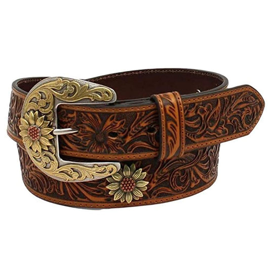ARIAT Women's Floral Tooled Sunflower Concho Belt, Brown, Large