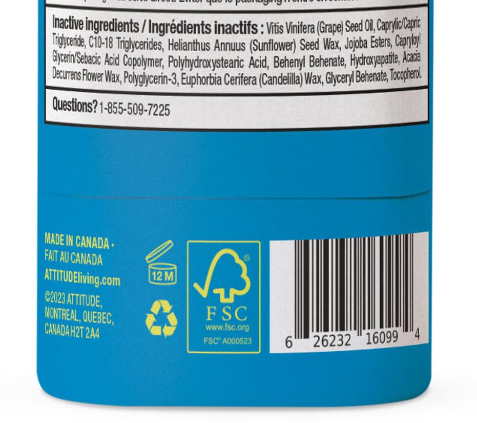 ATTITUDE Kids Mineral Face Sunscreen Stick SPF 30, EWG Verified, Plastic-Free Zinc Oxide Sunblock, Broad Spectrum UVA/UVB, Vegan & Unscented, 0.7 oz