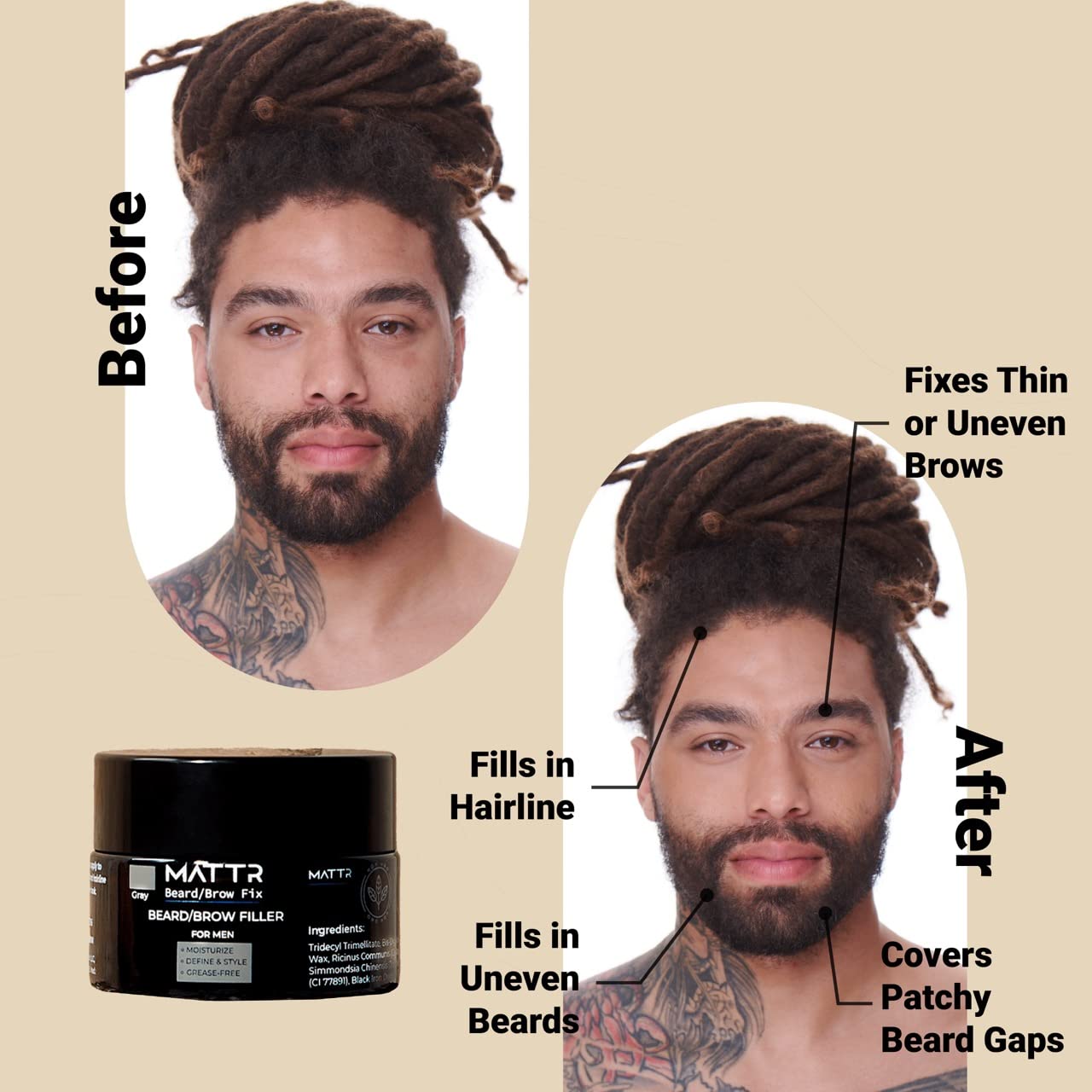 MATTR Beard Filler (Brown) - Luxury Grey Coverage & Hair Filler for Patchy Beards & Brows, Promotes Growth, Vegan, Travel-Friendly, 15g