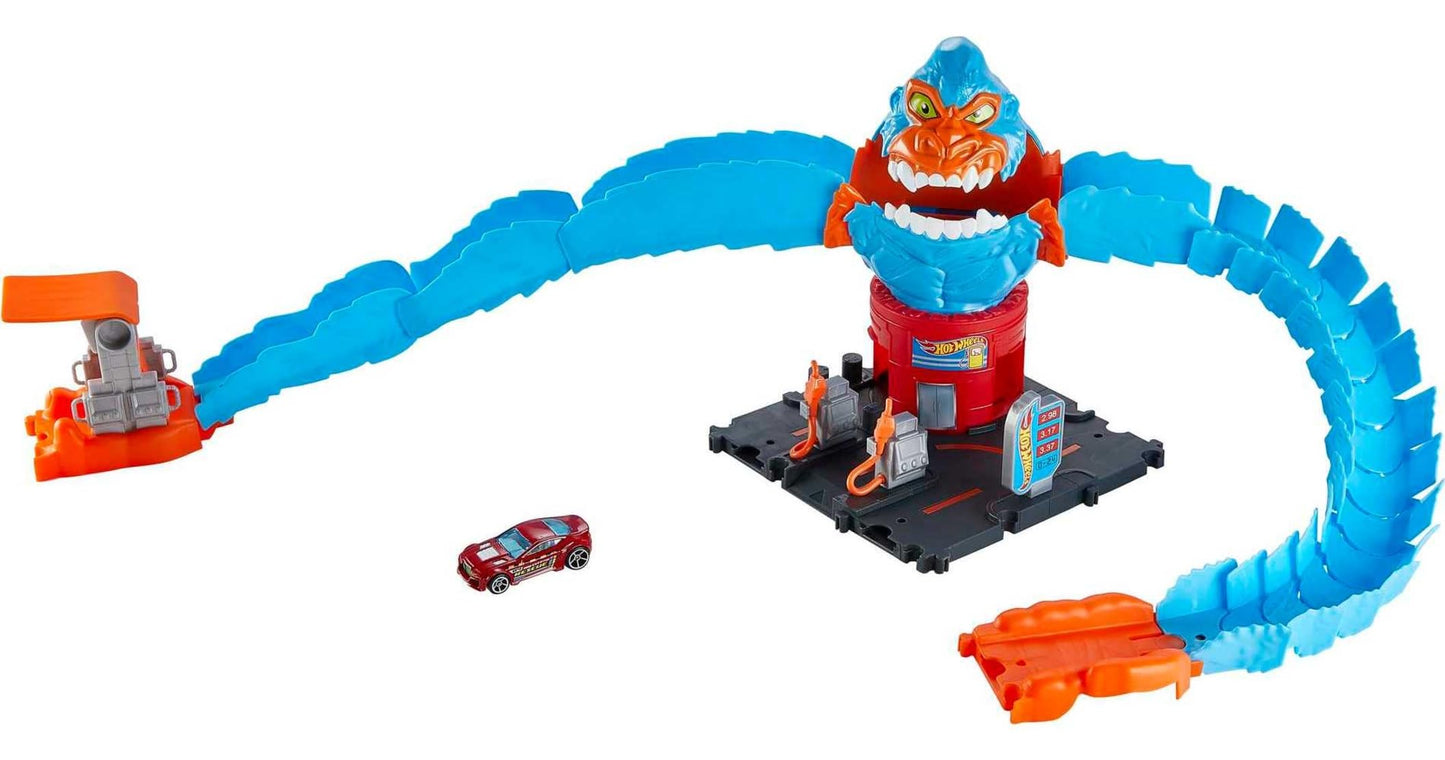 Hot Wheels City Wreck & Ride Gorilla Attack with 1 Car, Connects to Other Sets, Gas Station-Themed Set, Gift for Kids 4 to 8 Years Old