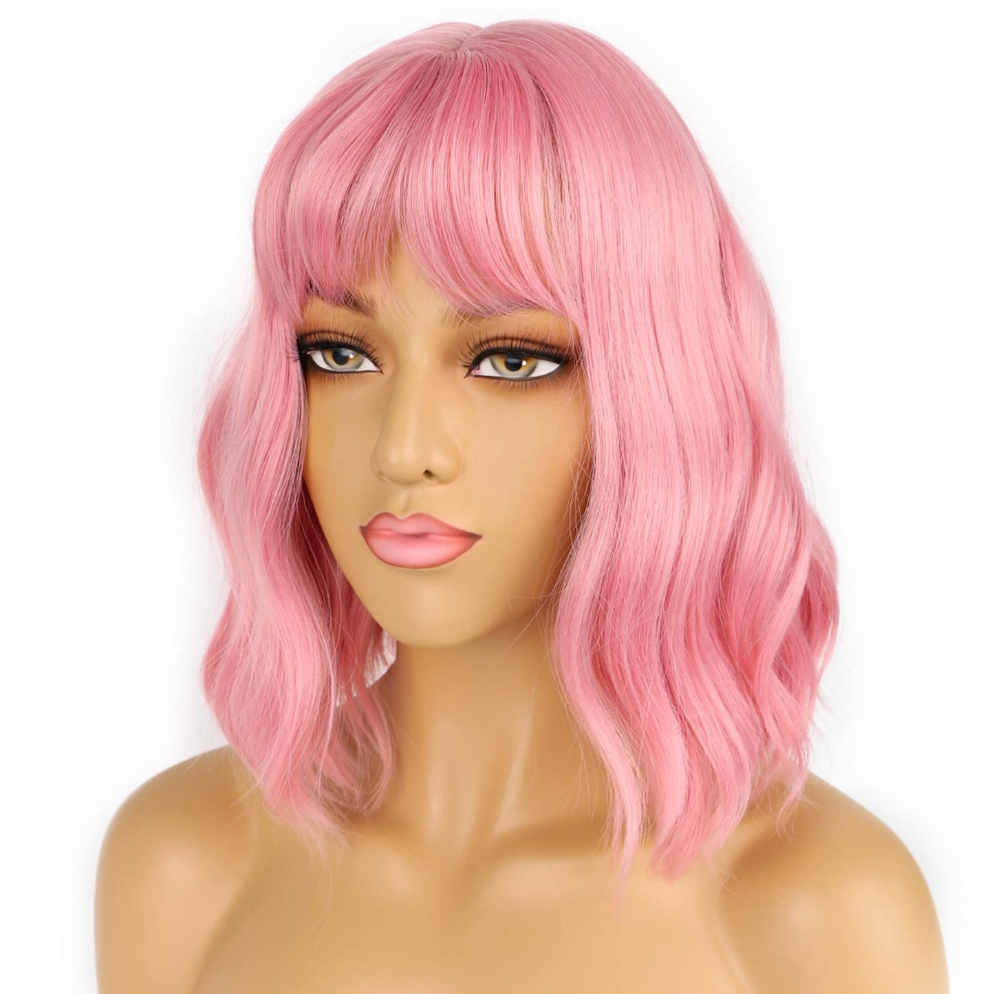 LANCAINI Pastel Pink Bob Wig with Bangs for Women – Wavy Shoulder-Length Synthetic Cosplay Wig, Soft Loose Waves, Colorful Costume Hair