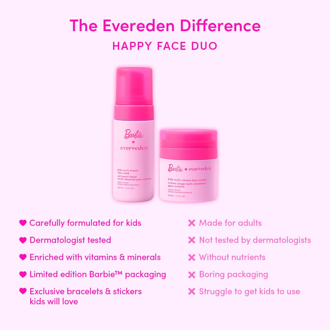Evereden Barbie Kids Happy Face Duo Set – Multi-Vitamin Face Wash & Cream with Stickers & Bracelets, Vegan Skincare 3+