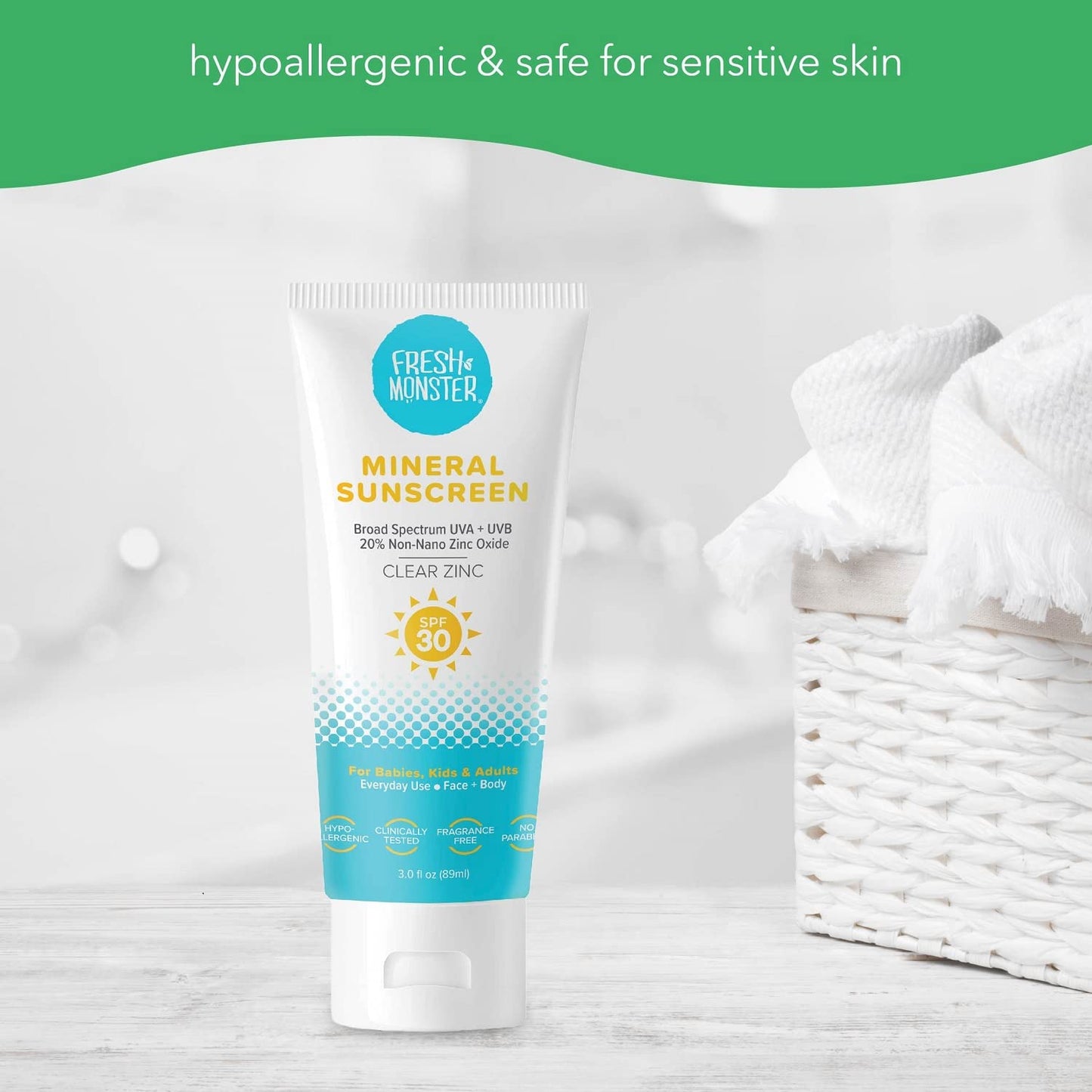 Fresh Monster Daily Kids Sunscreen SPF 30 – Clear Mineral Zinc Oxide, Face & Body, Reef Safe, Hypoallergenic, UVA/UVB Protection