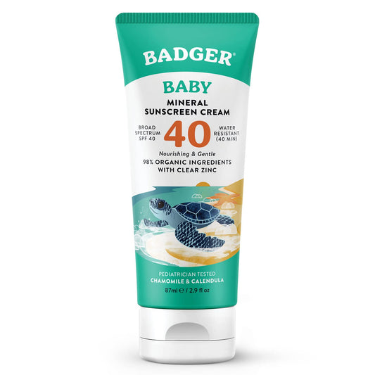 Badger Baby Mineral Sunscreen Cream SPF 40 – 98% Organic Zinc Oxide Sunblock, Broad Spectrum, Reef Safe, Water Resistant, Sensitive Skin, 2.9 fl oz
