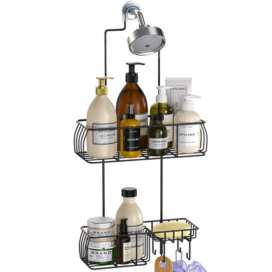 Epicano Shower Caddy Hanging, Anti-Swing Over Head Shower Caddy Rustproof with Hooks for Towels, Sponge and More, Matte Black