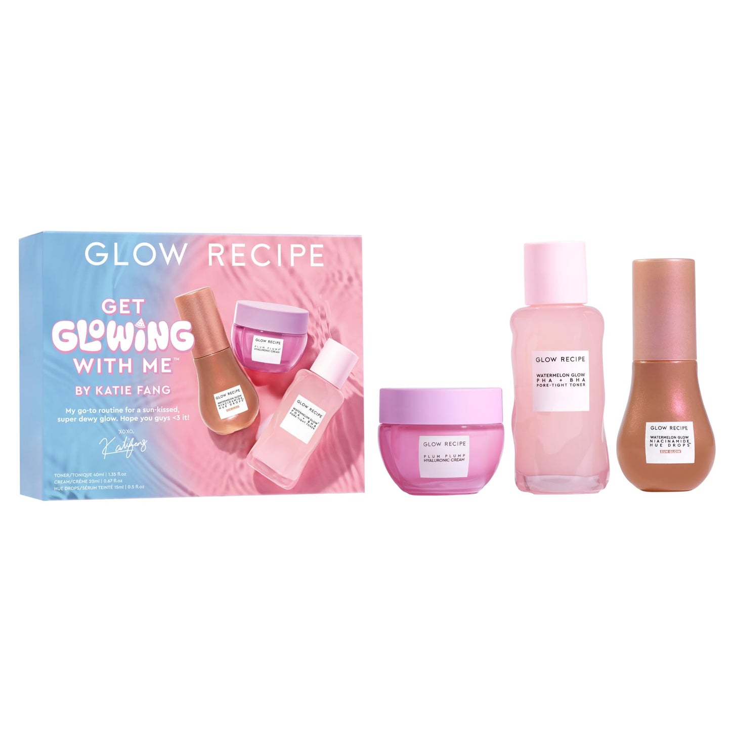 Glow Recipe Get Glowing With Me Kit – PHA + BHA Toner, Gentle Exfoliant, Plum Plump Moisturizer & Hue Drops Tinted Serum (3 pcs)