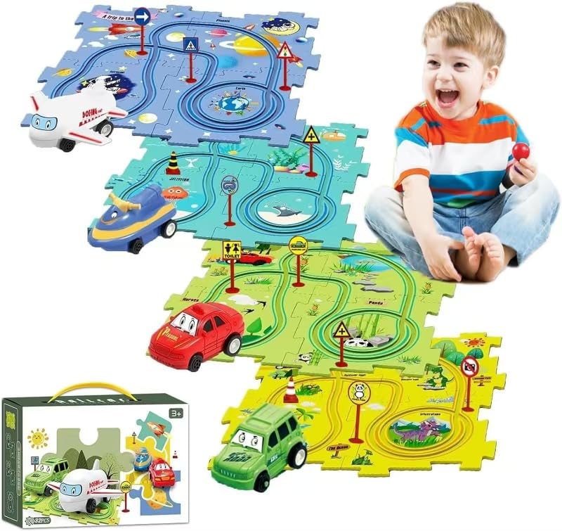 4-in-1 Puzzle Racer Car Track Set for Kids – 4 Themed Jigsaw Tracks, Puzzle Raceway, Preschool Toy Gift for Boys & Girls