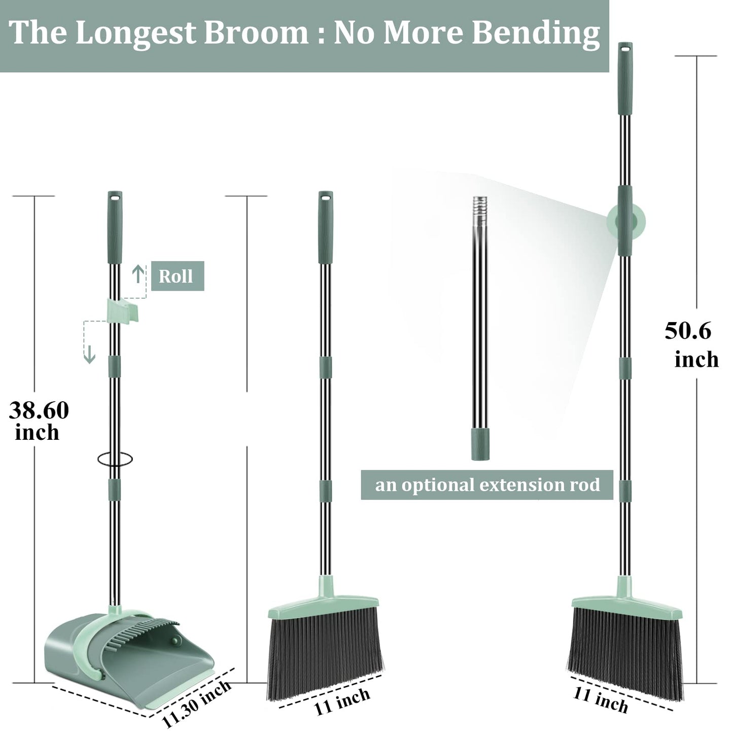 Broom & Dustpan Set with Long Handle – Upright Sweeping Combo for Home, Kitchen, Office & Lobby, Gray & Green