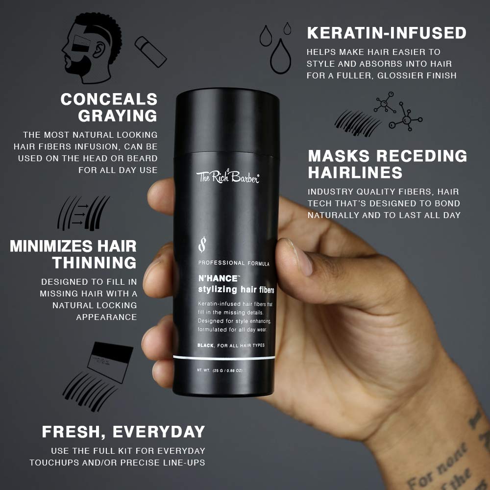 The Rich Barber N’Hance Hair Building Fibers (Black) – 25g 3-Month Supply for Thicker Hair & Beard, Sharper Hairlines & Grey Coverage