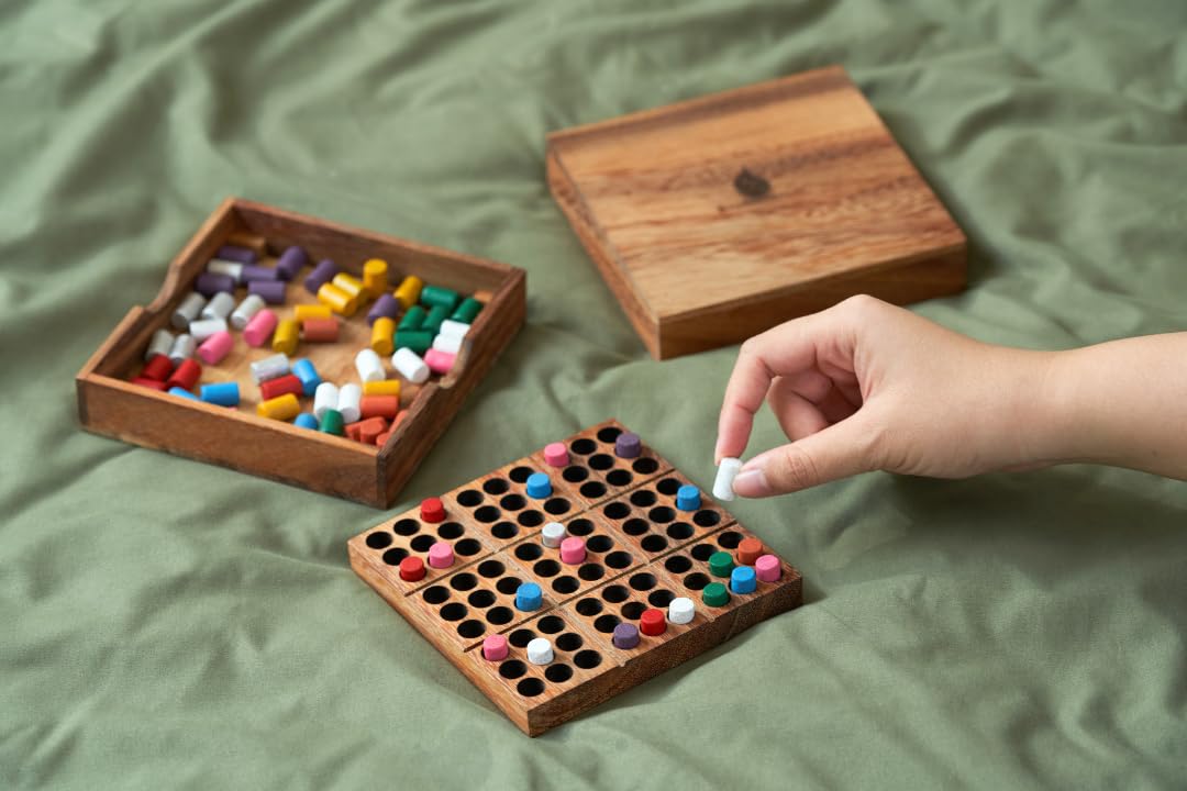 Wood Colored Sudoku Board (Travel Set): STEM Traditional Family Game Math Brain Teaser Toys Educational Rainbow Sudoku Game Set