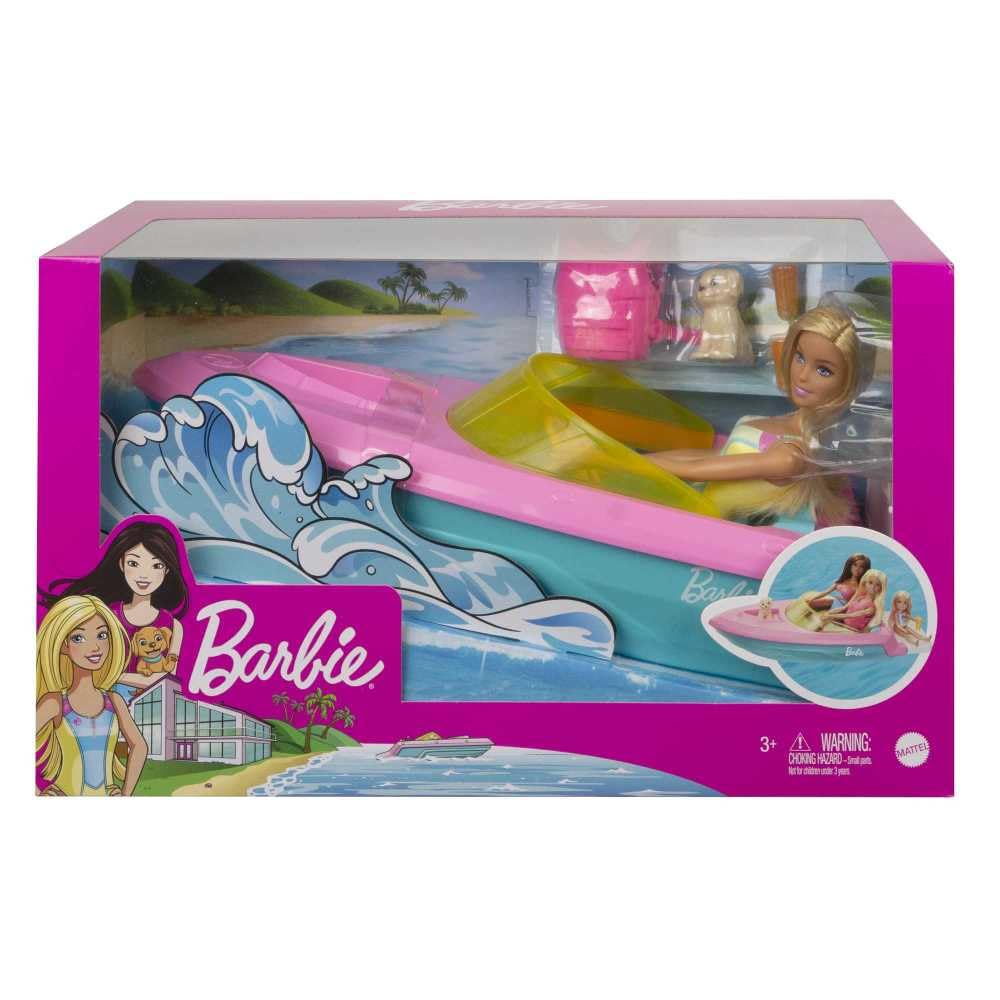 Barbie Doll and Boat Playset with Pet Puppy, Life Vest and Accessories, Fits 3 Dolls & Floats in Water, Gift for 3 to 7 Year Olds