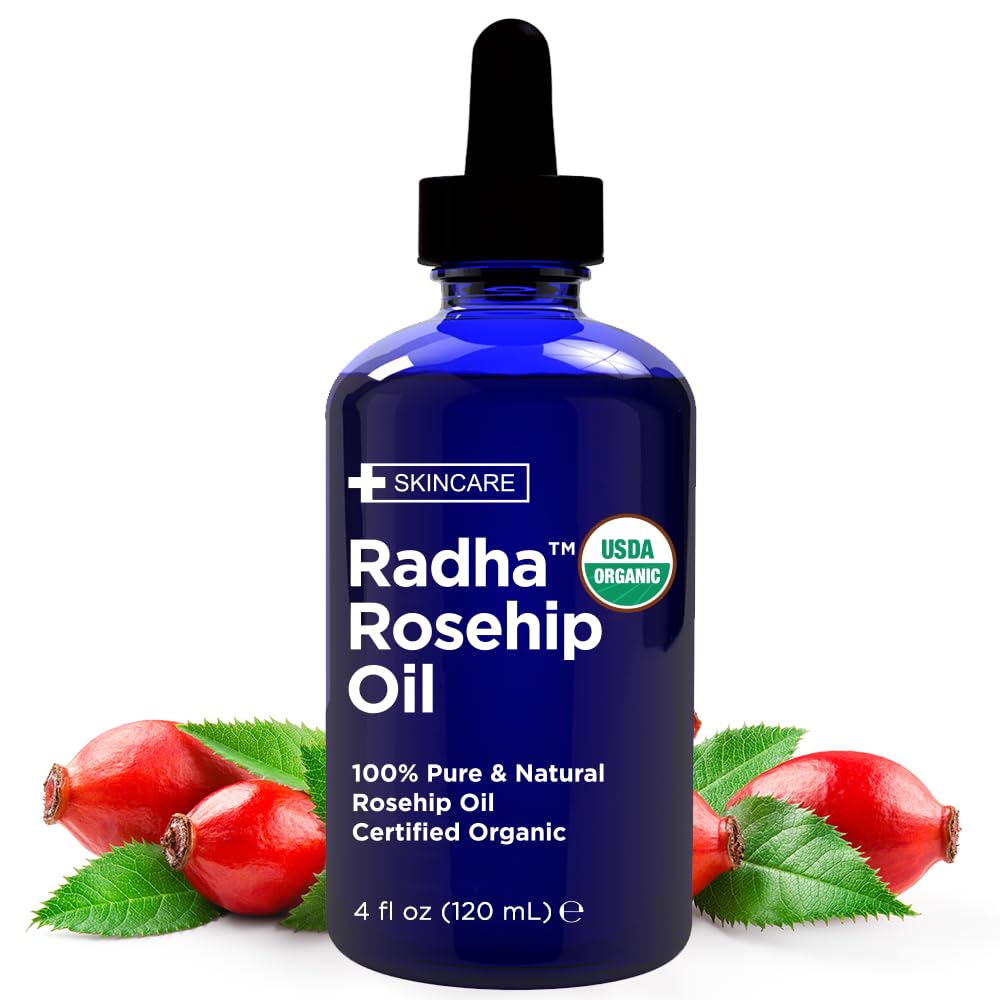 Radha Beauty Organic Rosehip Seed Oil 4 oz – 100% Pure Cold Pressed Carrier Oil for Face, Hair, Skin & Nails – Hydrating & Nourishing